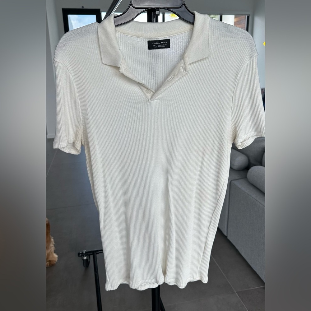 Zara Man Cream Ribbed Knit Polo